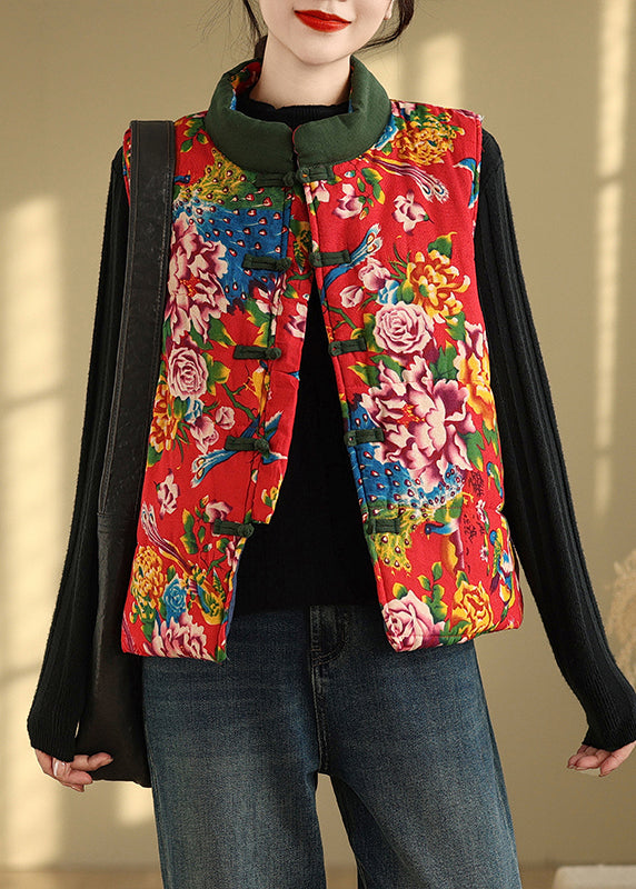 Handmade Red Stand Collar Print Chinese Button Fine Cotton Filled Vest Sleeveless TI020