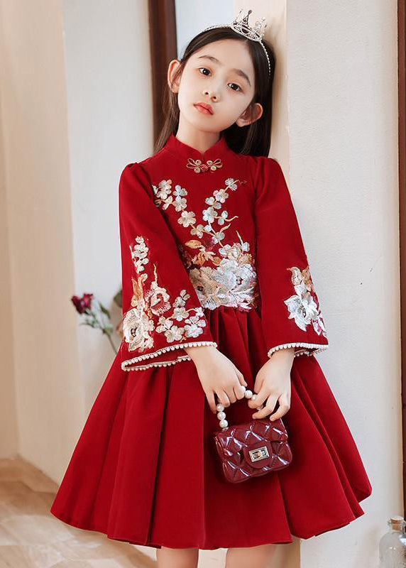 Collar Long Stand Girls Dress Red Handmade Wrinkled Spring