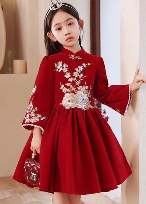 Collar Long Stand Girls Dress Red Handmade Wrinkled Spring