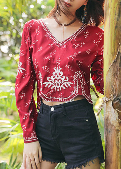 Sleeve Flare Handmade V Neck Top Cotton Embroidered Red