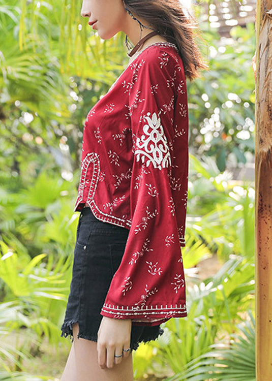 Sleeve Flare Handmade V Neck Top Cotton Embroidered Red