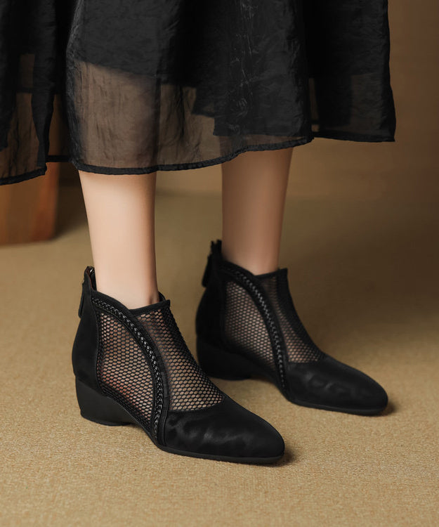 Black Breathable Handmade Chunky Splicing Boots Mesh