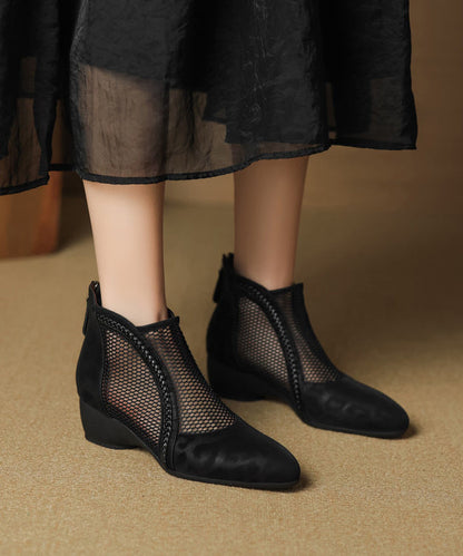 Black Breathable Handmade Chunky Splicing Boots Mesh
