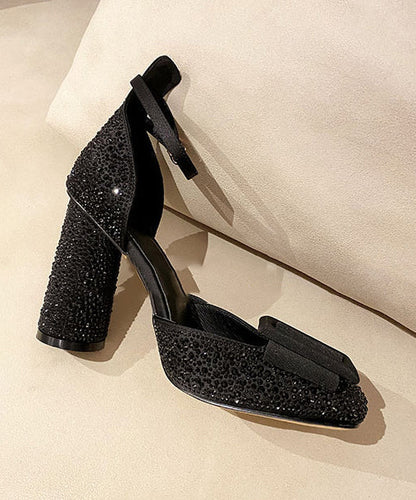 Heel Handmade Sandals Black Strap Chunky Buckle Zircon Splicing
