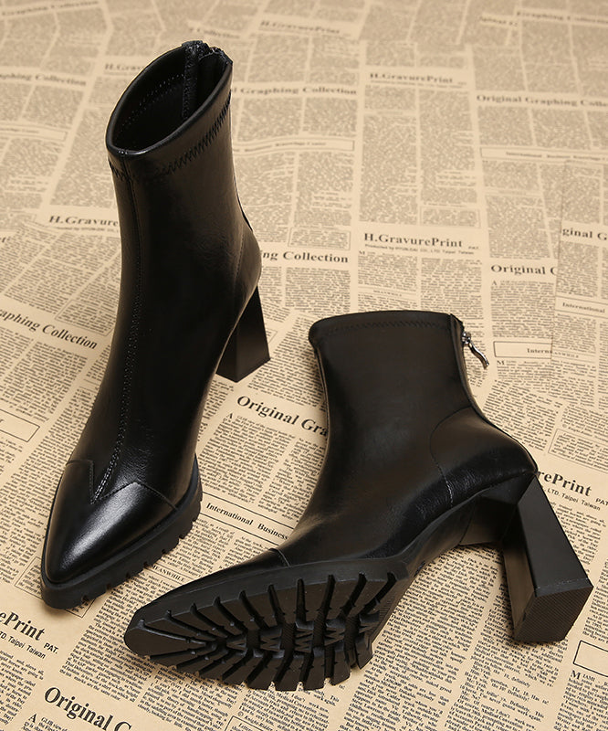 Handmade Cowhide Chunky Boots Leather Brown Splicing Heels