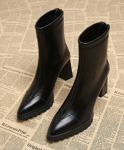 Handmade Cowhide Chunky Boots Leather Brown Splicing Heels