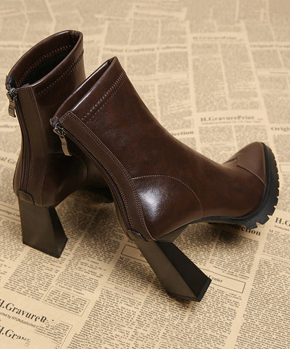 Handmade Cowhide Chunky Boots Leather Brown Splicing Heels