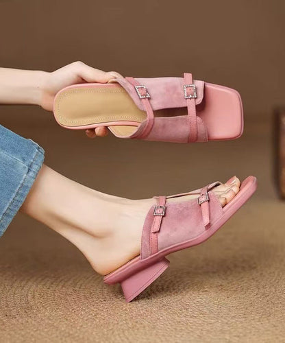 Pink Sandals Handmade Suede Slide Splicing Chunky
