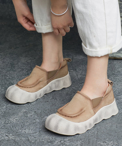 Platform Shoes Handmade Flat Feet Cowhide Splicing Leather Green