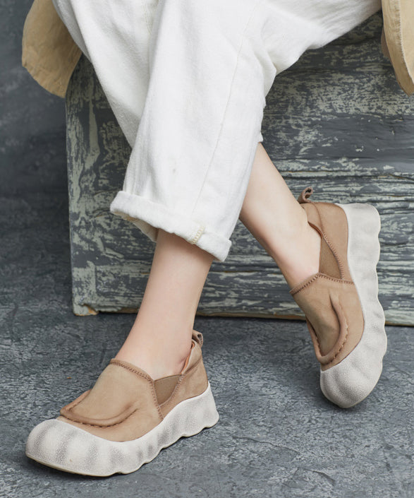 Platform Shoes Handmade Flat Feet Cowhide Splicing Leather Green