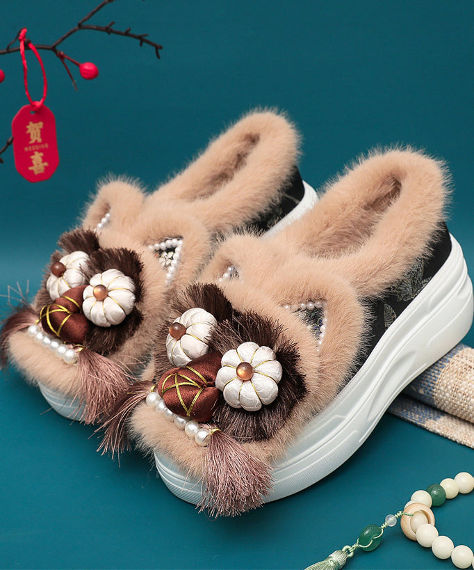 Handmade Splicing Tassel Nail Bead Platform Flat Shoes Coffee Fuzzy Wool Lined TQ039