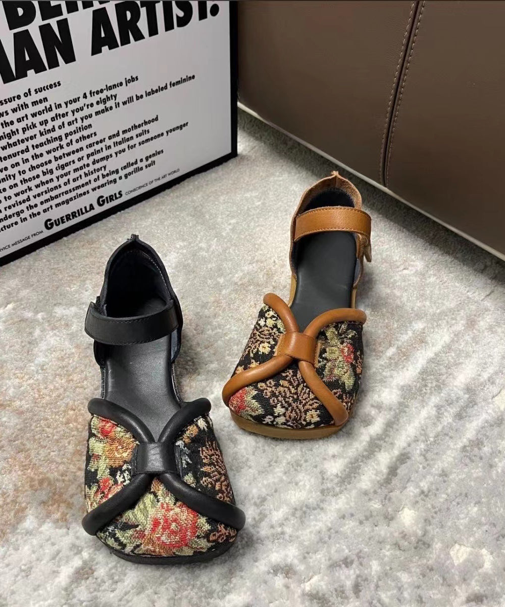 Handmade Vintage Embroidery Walking Sandals Black Cowhide Leather XC1036