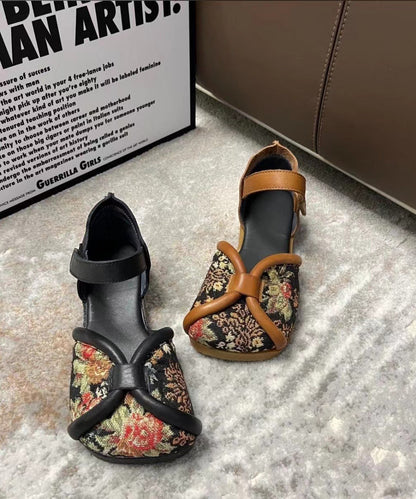 Handmade Vintage Embroidery Walking Sandals Black Cowhide Leather XC1036