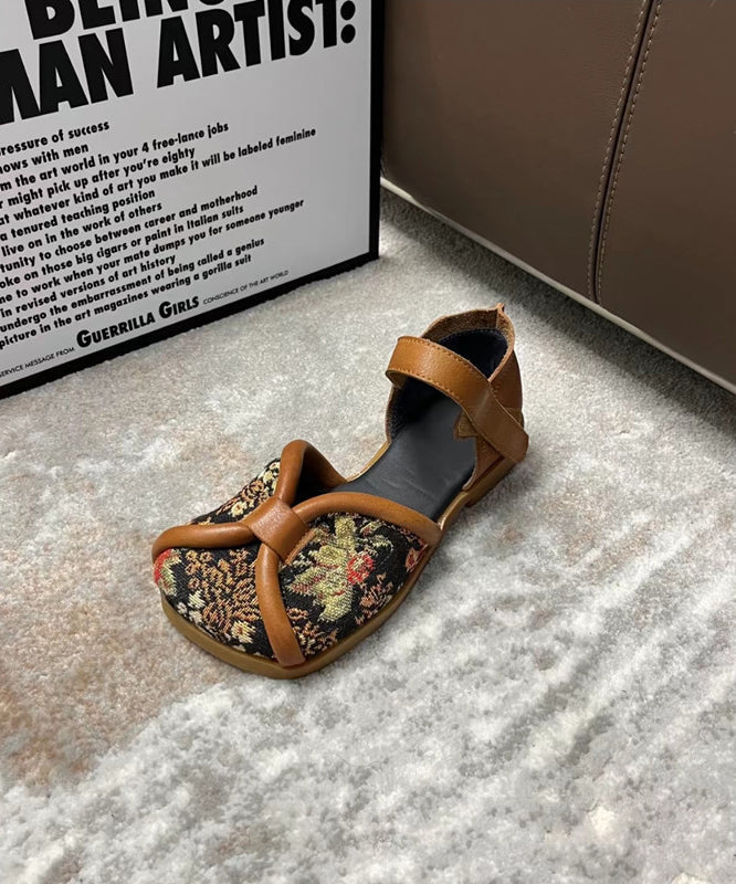 Handmade Vintage Embroidery Walking Sandals Black Cowhide Leather XC1036