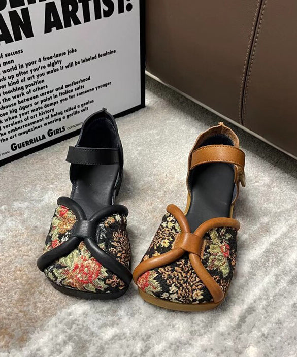 Handmade Vintage Embroidery Walking Sandals Black Cowhide Leather XC1036