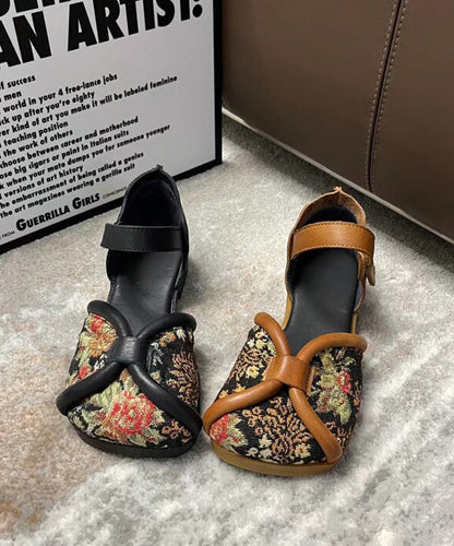 Handmade Vintage Embroidery Walking Sandals Black Cowhide Leather XC1036