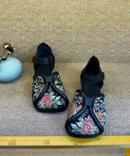 Handmade Vintage Embroidery Walking Sandals Black Cowhide Leather XC1036