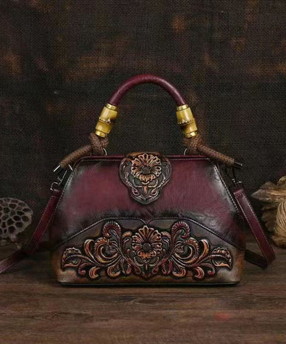Red Vintage Calf Tote Bag Handmade Embossed Messenger Leather