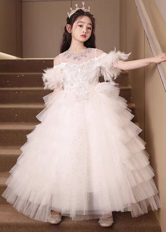 Handmade White Feather Zircon Tulle Kids Girls Princess Dress Summer TT040