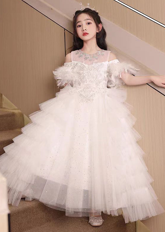 Handmade White Feather Zircon Tulle Kids Girls Princess Dress Summer TT040