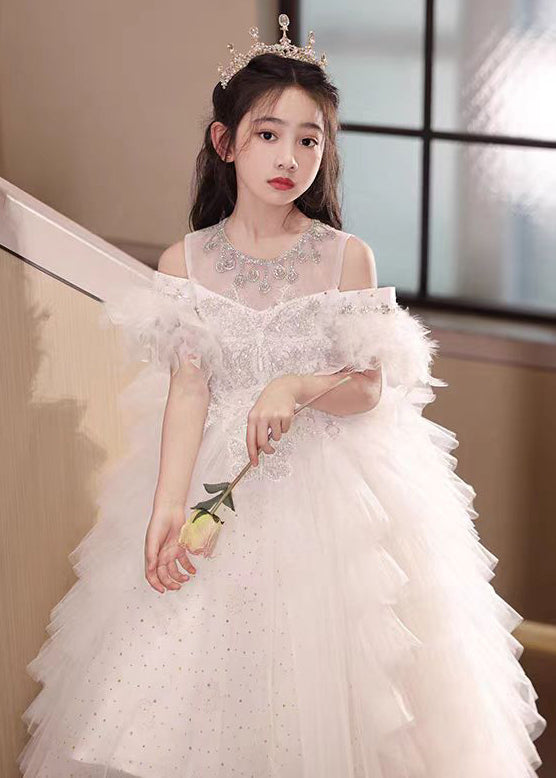 Handmade White Feather Zircon Tulle Kids Girls Princess Dress Summer TT040