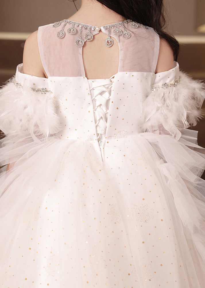 Handmade White Feather Zircon Tulle Kids Girls Princess Dress Summer TT040