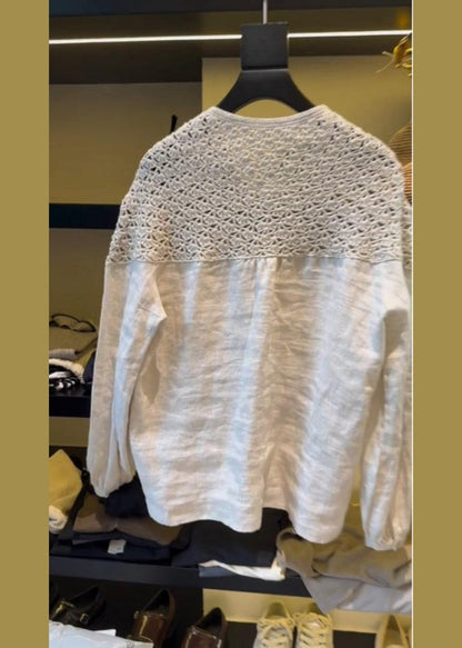 Oversized Handmade Out White Patchwork Summer Tops Linen Hollow