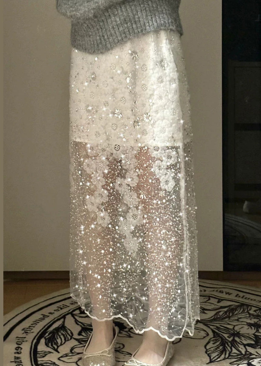Handmade Summer Tulle Sequins Bead Skirt Nail White