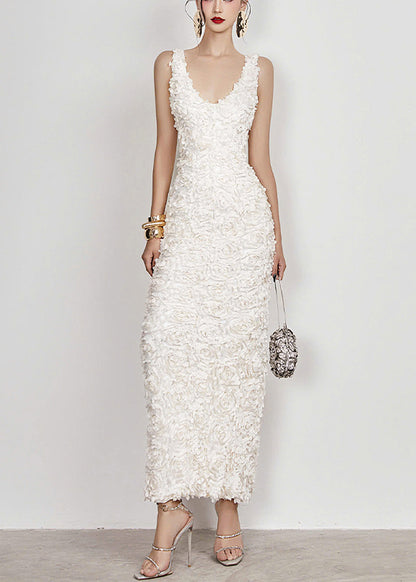 Open Cotton Side Long V Handmade Sleeveless White Dress Neck