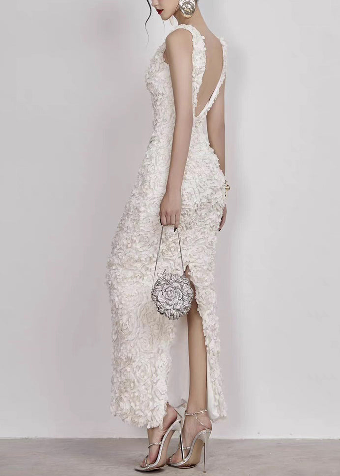 Open Cotton Side Long V Handmade Sleeveless White Dress Neck