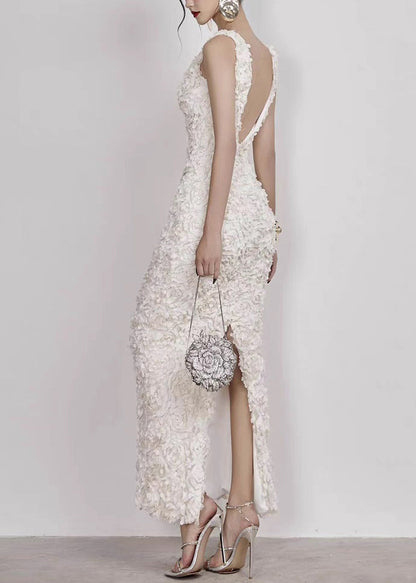 Open Cotton Side Long V Handmade Sleeveless White Dress Neck