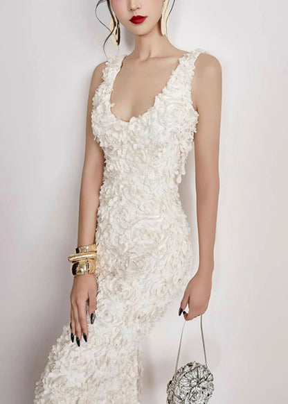 Open Cotton Side Long V Handmade Sleeveless White Dress Neck