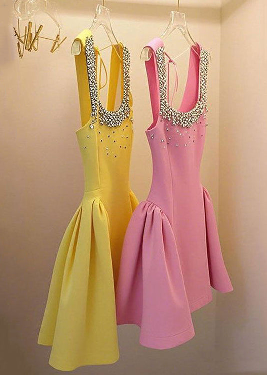 Nail Sleeveless Patchwork Up Handmade Yellow Dress Bead Lace Mid