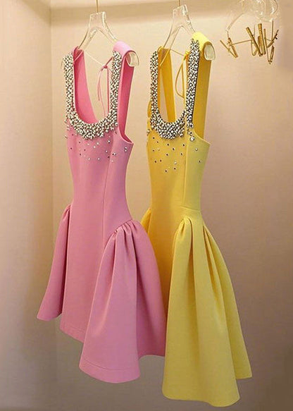 Nail Sleeveless Patchwork Up Handmade Yellow Dress Bead Lace Mid