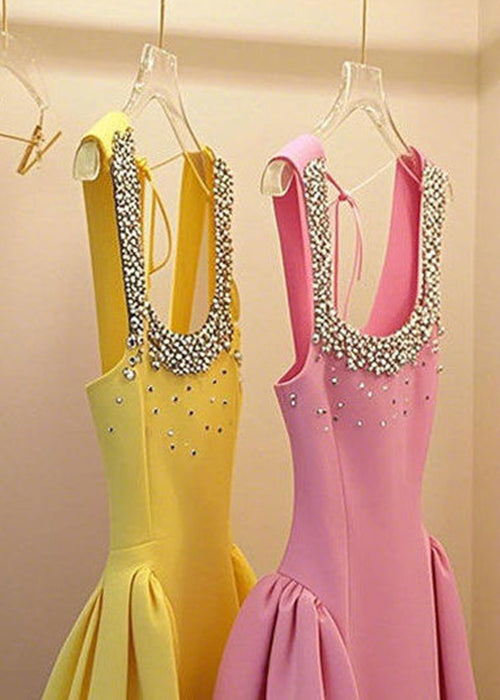 Nail Sleeveless Patchwork Up Handmade Yellow Dress Bead Lace Mid