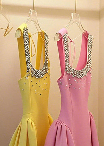 Nail Sleeveless Patchwork Up Handmade Yellow Dress Bead Lace Mid