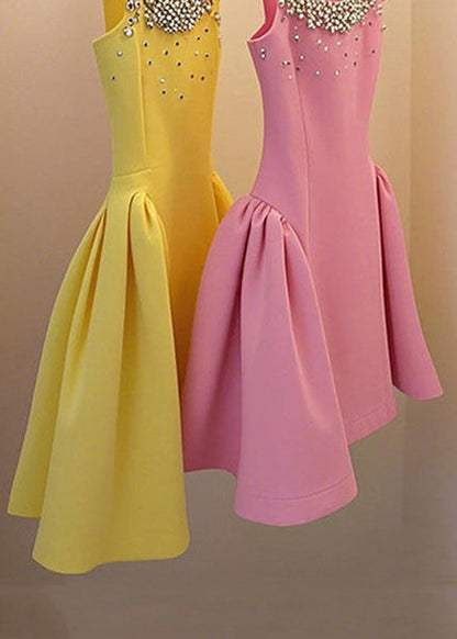 Nail Sleeveless Patchwork Up Handmade Yellow Dress Bead Lace Mid