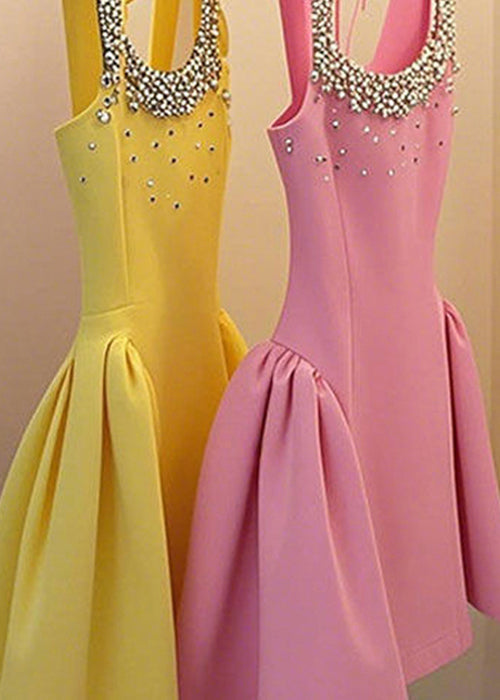 Nail Sleeveless Patchwork Up Handmade Yellow Dress Bead Lace Mid