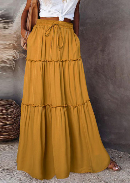 Patchwork Waist Handmade Ruffled Yellow Maxi Summer Skirt Elastic