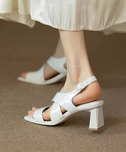 Hollow Chunky Out Heel Faux Sandals Splicing Leather White
