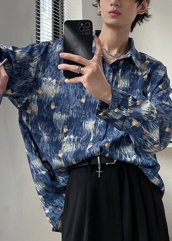 Hong Kong Style Starry Sky Oil Painting Tie Dye Shirt Men's Long Sleeved HG022