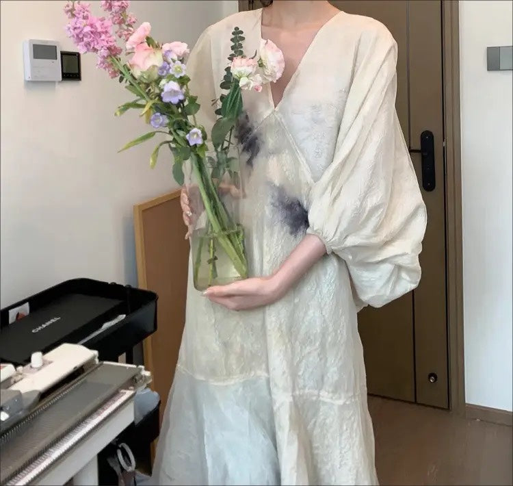 Original Design V Neck Print Patchwork Cotton Dresses Lantern Sleeve WW1001