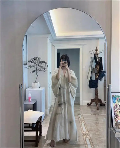 Original Design V Neck Print Patchwork Cotton Dresses Lantern Sleeve WW1001