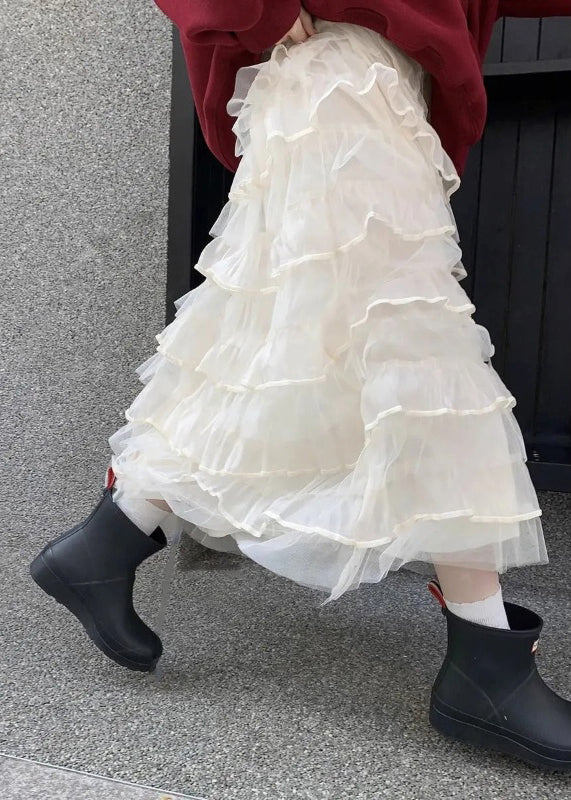 Solid Elastic Italian Tulle Beige Skirts Summer Layered Waist
