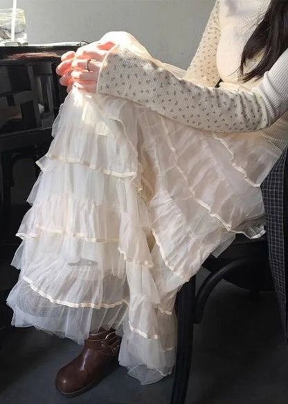 Solid Elastic Italian Tulle Beige Skirts Summer Layered Waist