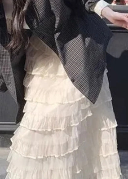 Solid Elastic Italian Tulle Beige Skirts Summer Layered Waist