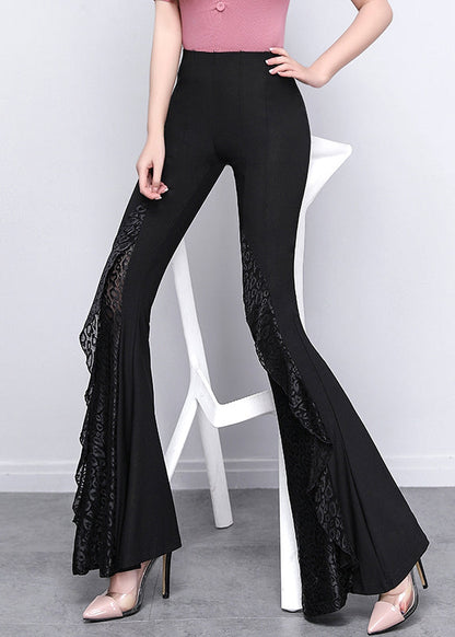 Italian Black Patchwork Lace Tummy Control Spandex Flared Trousers Spring YP040