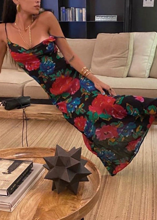 Black Strap Print Summer Italian Dress Chiffon Spaghetti