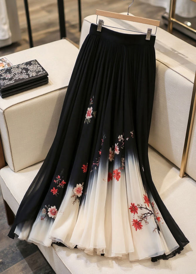 Elastic Skirts Black Chiffon Print Italian Waist Summer