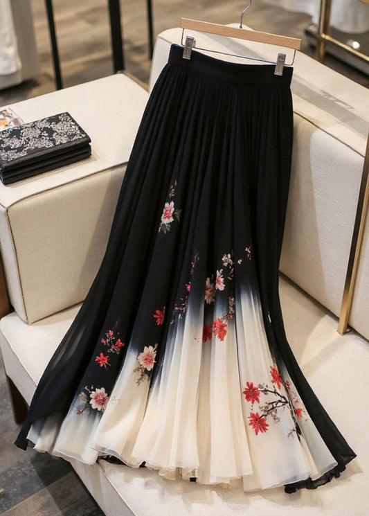 Elastic Skirts Black Chiffon Print Italian Waist Summer